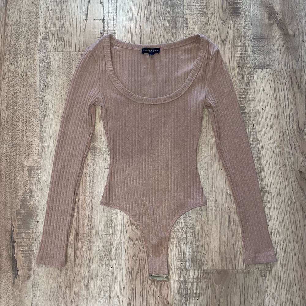 JLUXLABEL Beige Ribbed Bodysuit Top